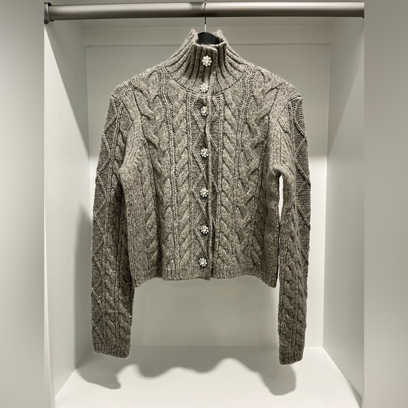 J Crew Cableknit gray turtleneck cardigan sweater Wool Alpaca blend S gem button - Picture 3 of 9